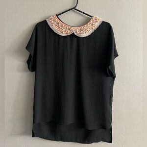 Women’s Bellatrix Black Short Sleeve Blouse Pink Peter Pan Pearl Beaded Collar S